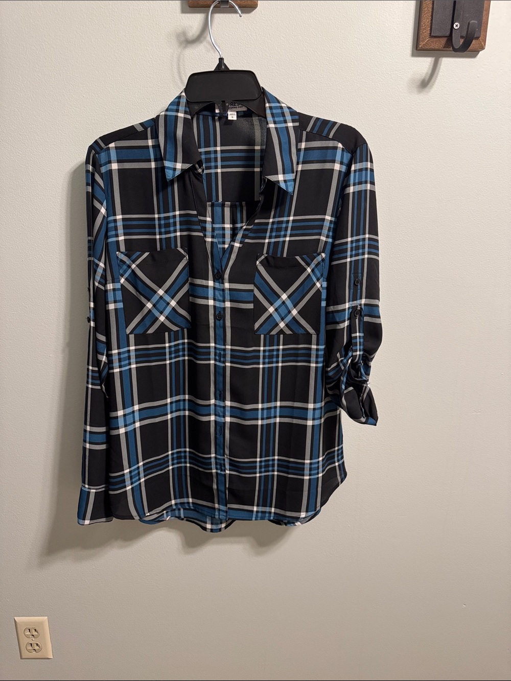 Express Black and Blue Plaid Button-Up Shirt